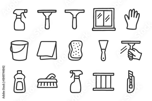 Cleaning equipment icons: squeegee, spray bottle, sponge, gloves, scraper, bucket.