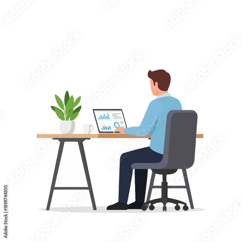 Modern workspace illustration featuring a person working on a laptop with a potted plant on a tidy