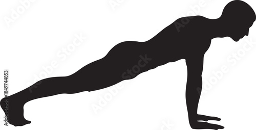 Male fitness silhouette in plank push up exercise on white background
