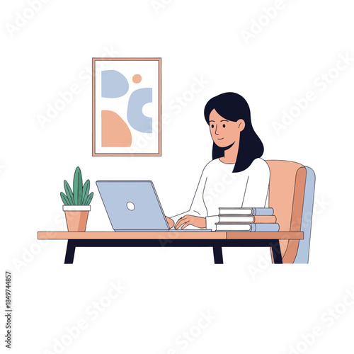 Young woman working on a laptop at a tidy home office with modern decor and plants innovative