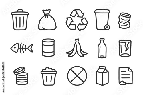 Recycling and waste management icons: trash can, recycling symbol, food waste, cans, containers.