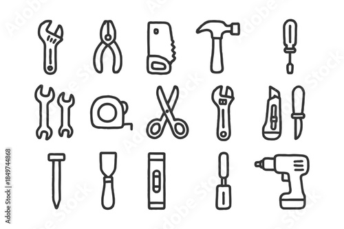 Hand drawn doodle set of various construction and repair tools.
