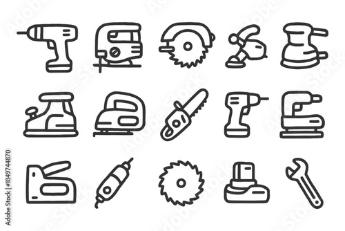 Collection of hand-drawn power tool icons in black and white.