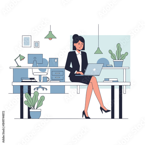 Modern professional woman working at her stylish office desk with plants and technology