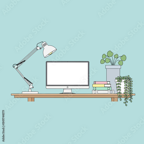 Minimalist modern workspace setup with desktop computer and indoor plants on a simple wooden desk