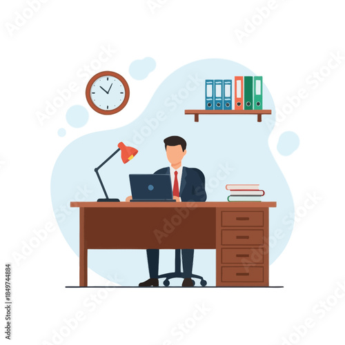 Professional Businessman Working at Desk with Office Supplies and Shelves