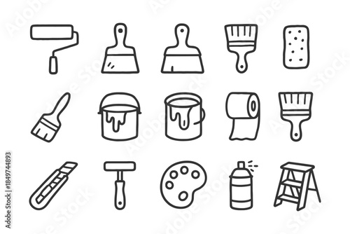 Outline icons of painting tools: brushes, roller, paint cans, and palette.