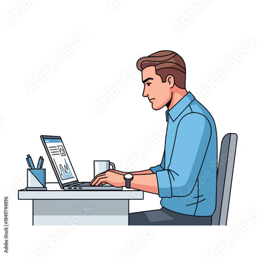 Focused young professional working at desk with digital tools and coffee in modern workspace