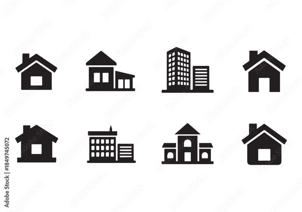 Fototapeta premium House Icon Silhouette Vector Set – Minimal Home Building Symbols Collection Isolated on White Background