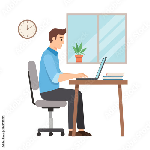 Young professional man working diligently at his modern home office with a laptop and natural light