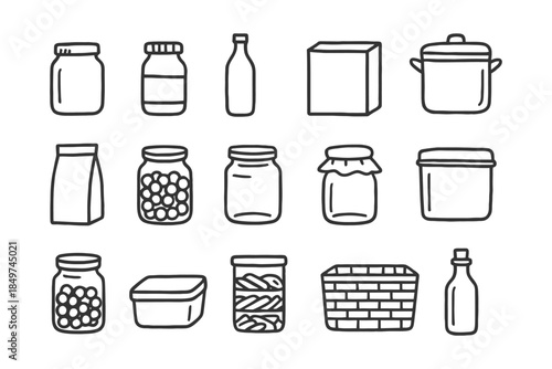 Hand-drawn kitchen containers and bottles collection.