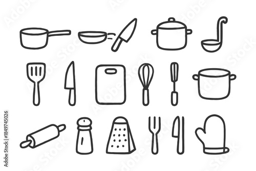 Hand-drawn kitchen utensils icons set featuring pots, pans, knives, and whisks.