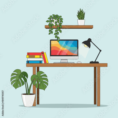 Minimalist modern workspace with houseplants and sleek electronic setup for home office aesthetic