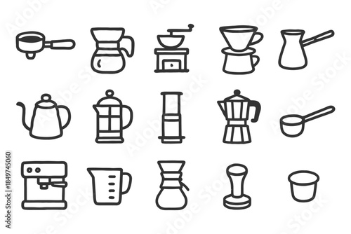 Hand-drawn coffee equipment icons: brewing tools for coffee lovers.