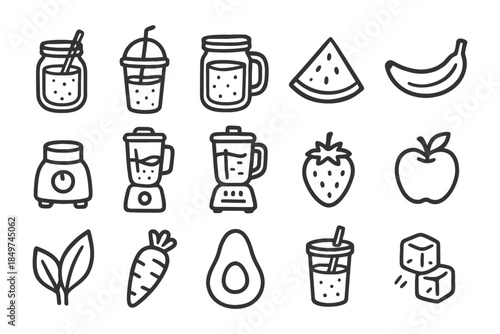 Smoothie ingredients and blender icons featuring fruits and drinks.