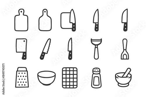 Kitchen utensil icons set: knives, boards, grater, bowl, peeler, salt shaker.