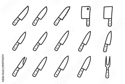 Set of 16 kitchen knife icons featuring forks and cleavers in simple outline style.
