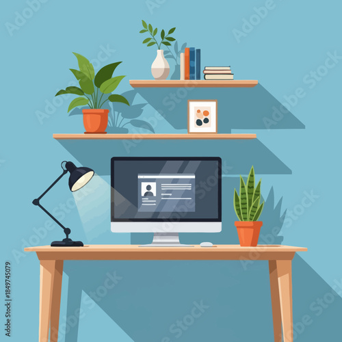 Modern workspace with desktop computer, potted plants, and floating shelves for home or office setup