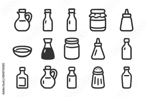 Collection of hand-drawn condiment and spice bottles and jars icons.