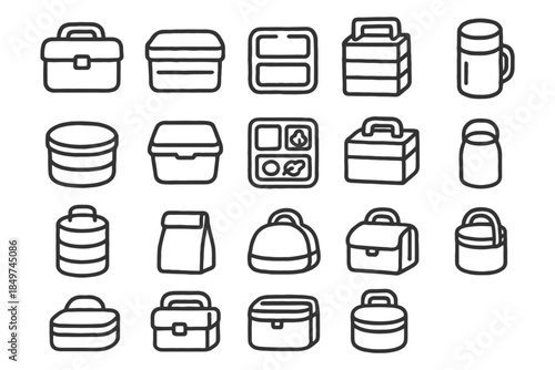 Hand-drawn lunchboxes and containers illustration - lined icons collection.