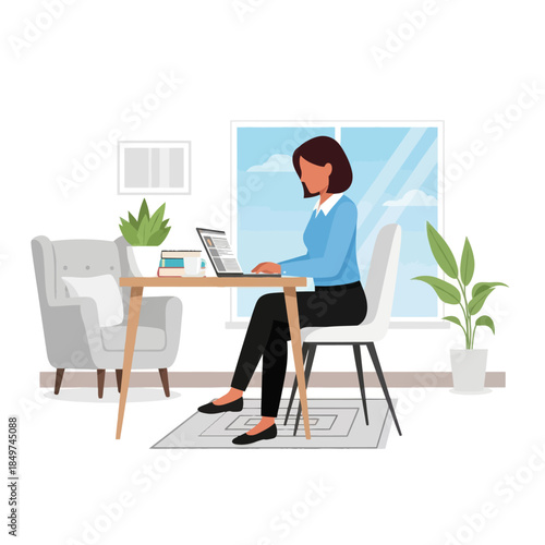 Modern woman working on her laptop in a cozy home office with natural light