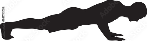 Doing push-up silhouette vector.  Male athlete performing a fitness workout exercise on the floor.