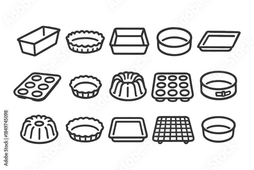Collection of various bakeware and cake pans in line art style.