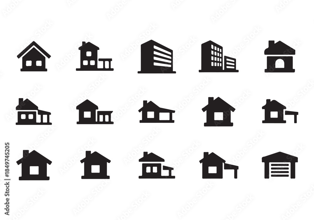 Fototapeta premium House Icon Silhouette Vector Set – Minimal Home Building Symbols Collection Isolated on White Background