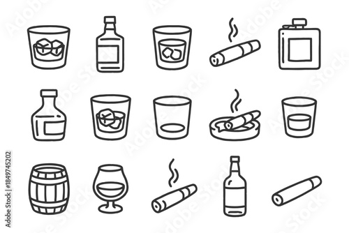 Collection of whiskey glasses, bottles, cigars, and barrel icons in line art style.