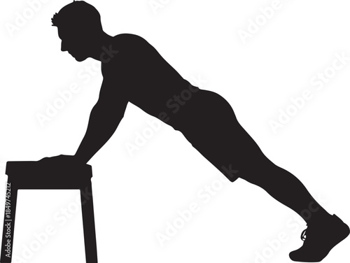Male silhouette doing incline push up exercise on bench isolated on white background