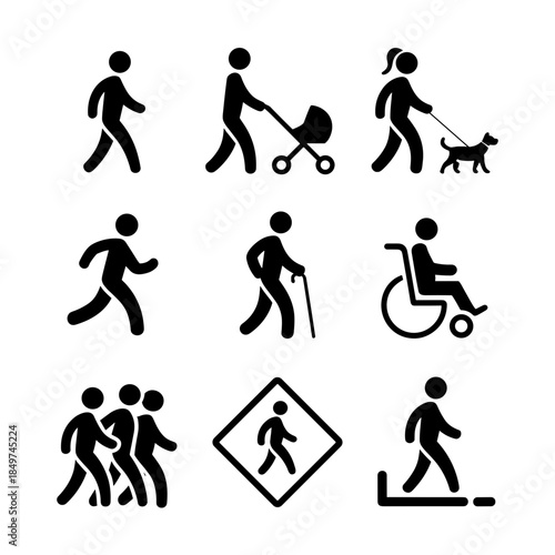 People Walking, Running, and Using Wheelchairs, Strollers Pictogram Icons