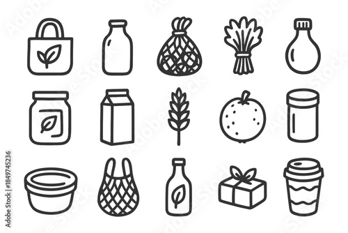 Eco-friendly icons set: reusable bags, bottles, jars, and sustainable products.