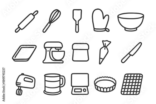 Collection of baking tools and kitchen utensils in black and white line art.
