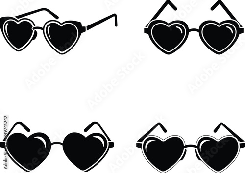Red Heart Shaped Sunglasses Icon Set Isolated on White Background