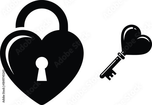 Ornate Golden Heart Shaped Padlock and Antique Skeleton Key Illustration
