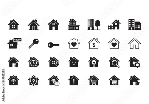 House Icon Silhouette Vector Set – Minimal Home Building Symbols Collection Isolated on White Background