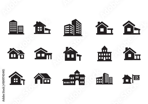 House Icon Silhouette Vector Set – Minimal Home Building Symbols Collection Isolated on White Background