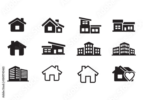 House Icon Silhouette Vector Set – Minimal Home Building Symbols Collection Isolated on White Background