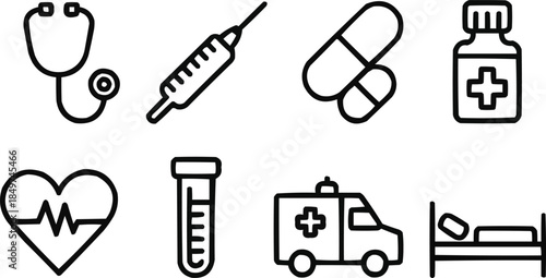 Medical Healthcare Outline Icon Set  Stethoscope, Syringe and Pill Symbols