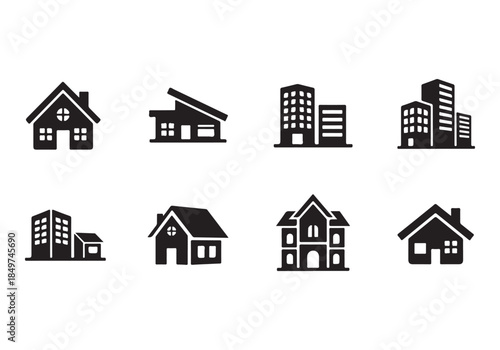 House Icon Silhouette Vector Set – Minimal Home Building Symbols Collection Isolated on White Background