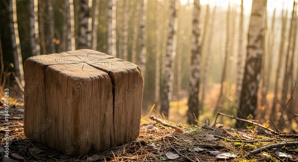 Obraz premium Wood Block in Forest Clearing on Sunny Morning with Sun Rays Shining Through Trees