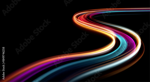 Neon speed lines twist and swirl across a futuristic night street. Flowing ribbons of light highlight acceleration and energy streams. Modern digital illustration presented in vector.
