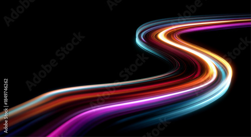 Neon speed lines twist and flow along a glowing night city road. Light trails and spirals emphasize fast motion and digital acceleration. Futuristic technological illustration in vector.