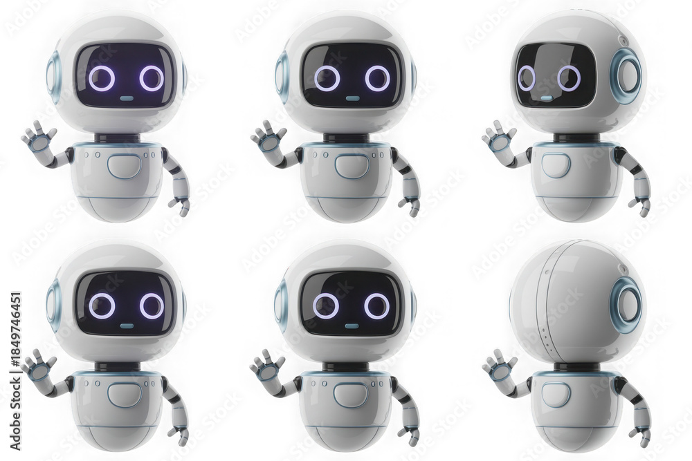 Fototapeta premium 3d cute ai robot character in different angles. Chat bot mascot isolated render icon set. Digital artificial intelligence chatbot, friendly support assistant. Electric cyborg agent