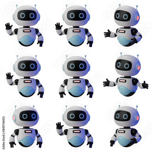 3d cute ai robot character in different angles. Chat bot mascot isolated render icon set. Digital artificial intelligence chatbot, friendly support assistant. Electric cyborg agent