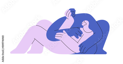 Abstract romantic couple in love. Two people, man and woman lying. Close intimate bonding relationship. Happy partners. Intimacy concept. Flat vector illustration isolated on white background