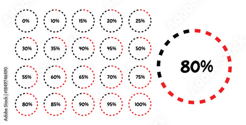 Percentage loading bar. Percentage loading, downloading or uploading progress in circle form. Circle diagrams or infographic for UI, apps and web design with progress in percent from 0 to 100. 