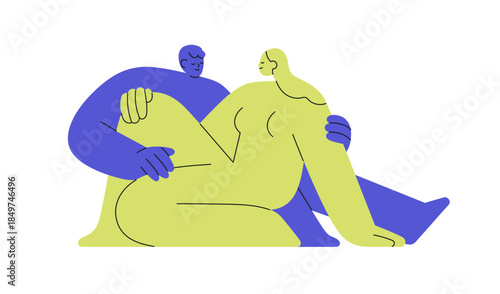 Abstract romantic couple. Happy man and woman embracing. Love partners. Intimate bonding, intimacy, tenderness, close relationship concept. Flat vector illustration isolated on white background