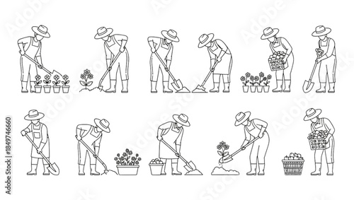 Gardeners engaged in diverse planting and harvesting actions line art