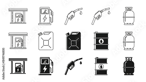 Fuel Station and Energy Icons Set Keywords: fuel, gas, station, pump, nozzle, drop, gasoline